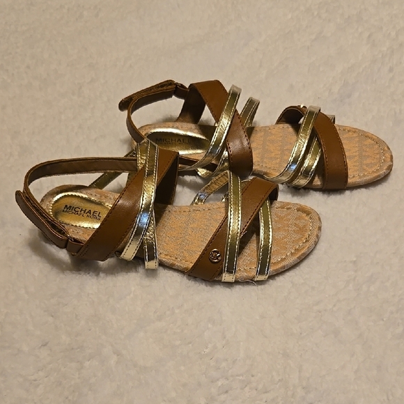 Michael Kors Gold and Brown Sandals with Metallic Straps and Cork Sole - Picture 2 of 4